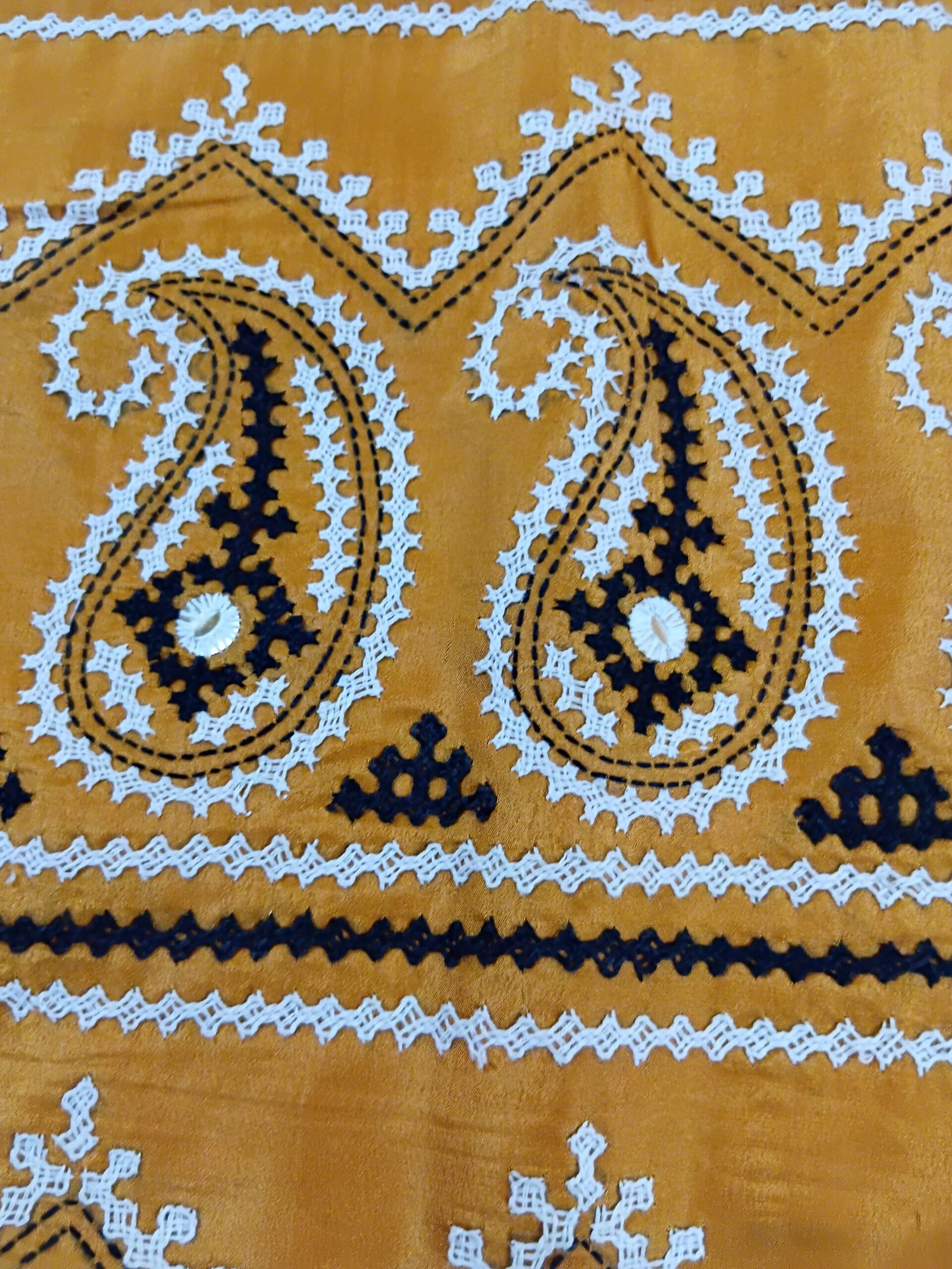 Orange Kalka Motif Gujarati Stitch Saree – Blended Bangalore Silk % Hand embroidered Kalka motif detail on an orange saree
