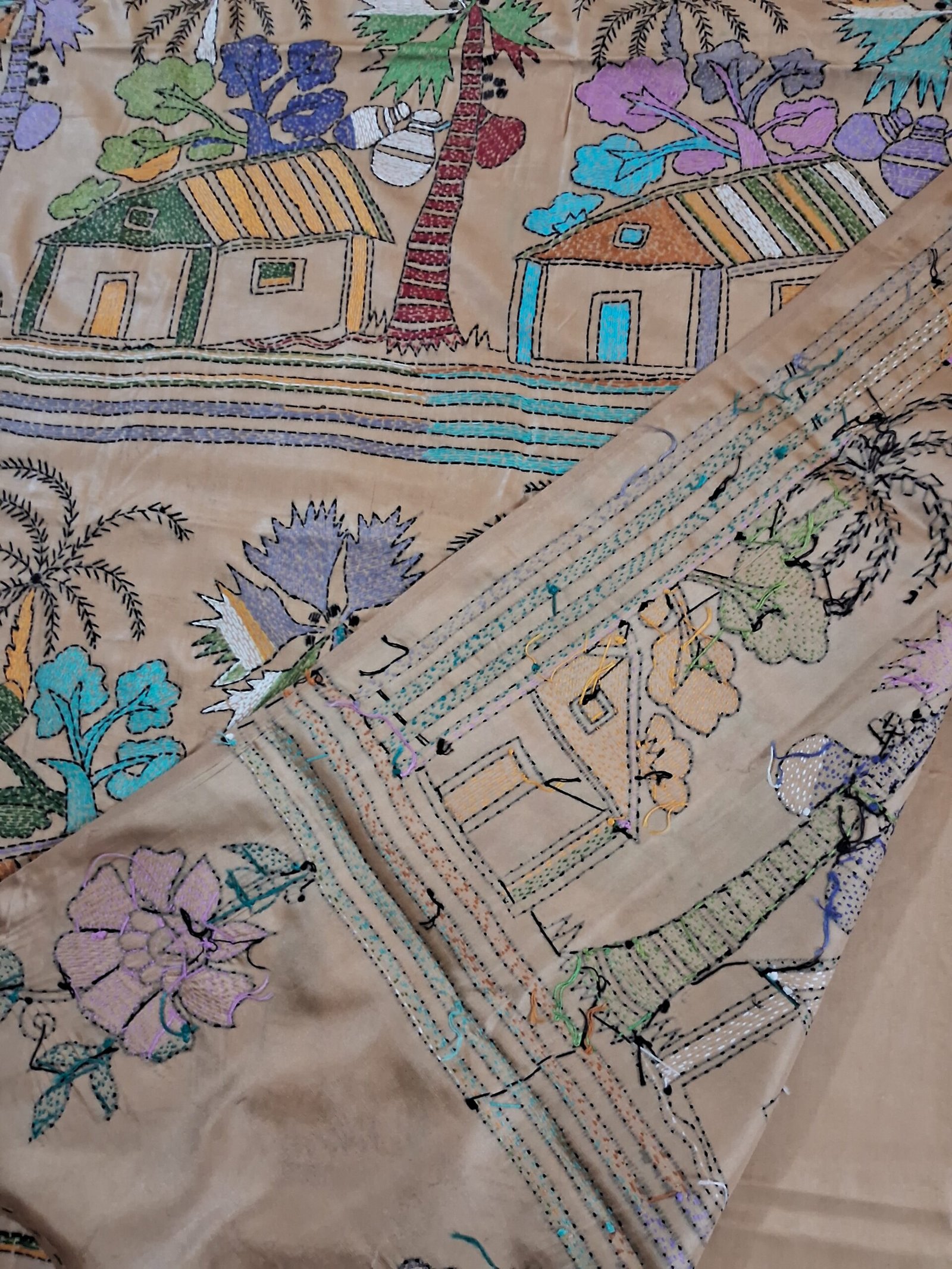 Beige Village Motif Kantha Stitch Saree on Blended Bangalore Silk % Beige Kantha stitch sari with colourful rural Bengal motifs