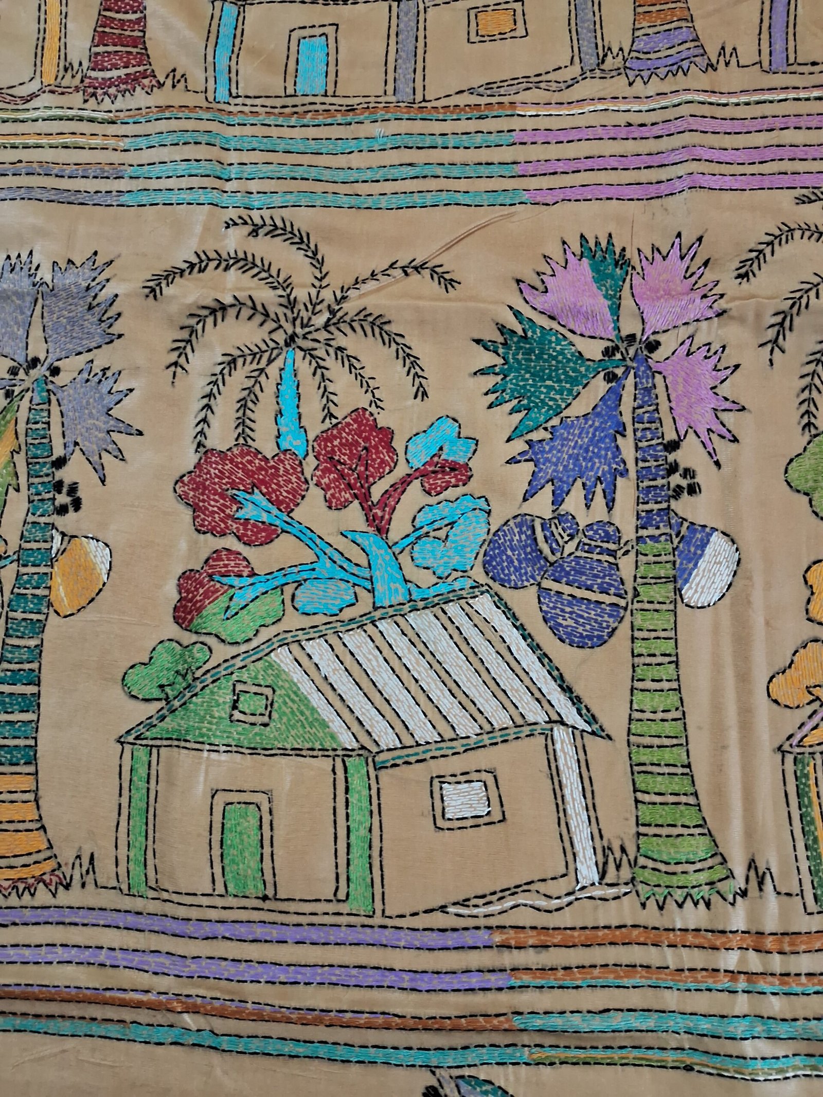 Beige Village Motif Kantha Stitch Saree on Blended Bangalore Silk % Village life inspired Kantha work on traditional Bengal saree
