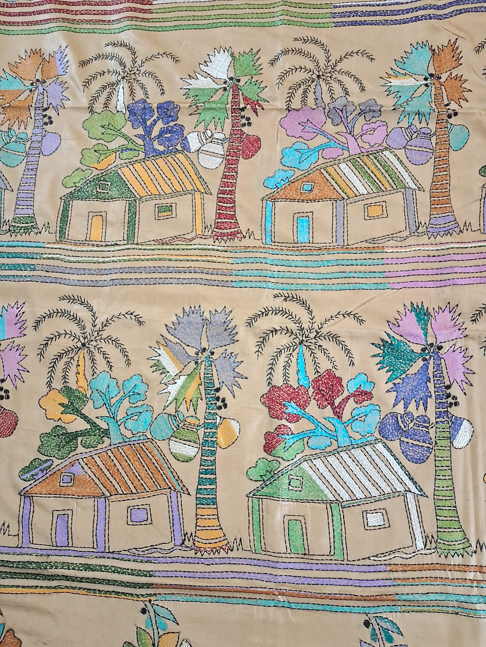 Beige Village Motif Kantha Stitch Saree on Blended Bangalore Silk % Colourful houses flowers and palm trees on Kantha saree