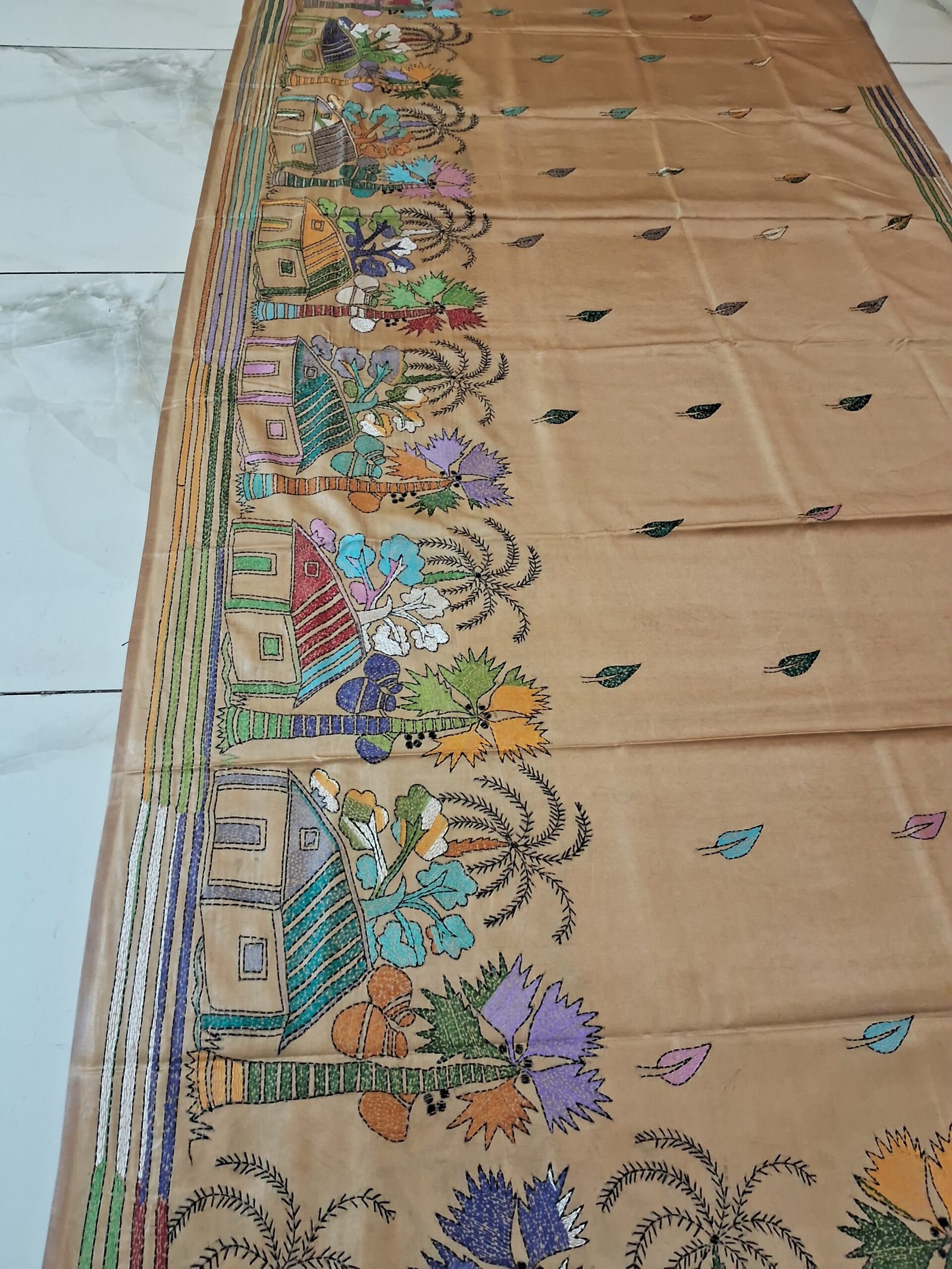 Beige Village Motif Kantha Stitch Saree on Blended Bangalore Silk % Decorative borders and village motifs on beige Kantha saree