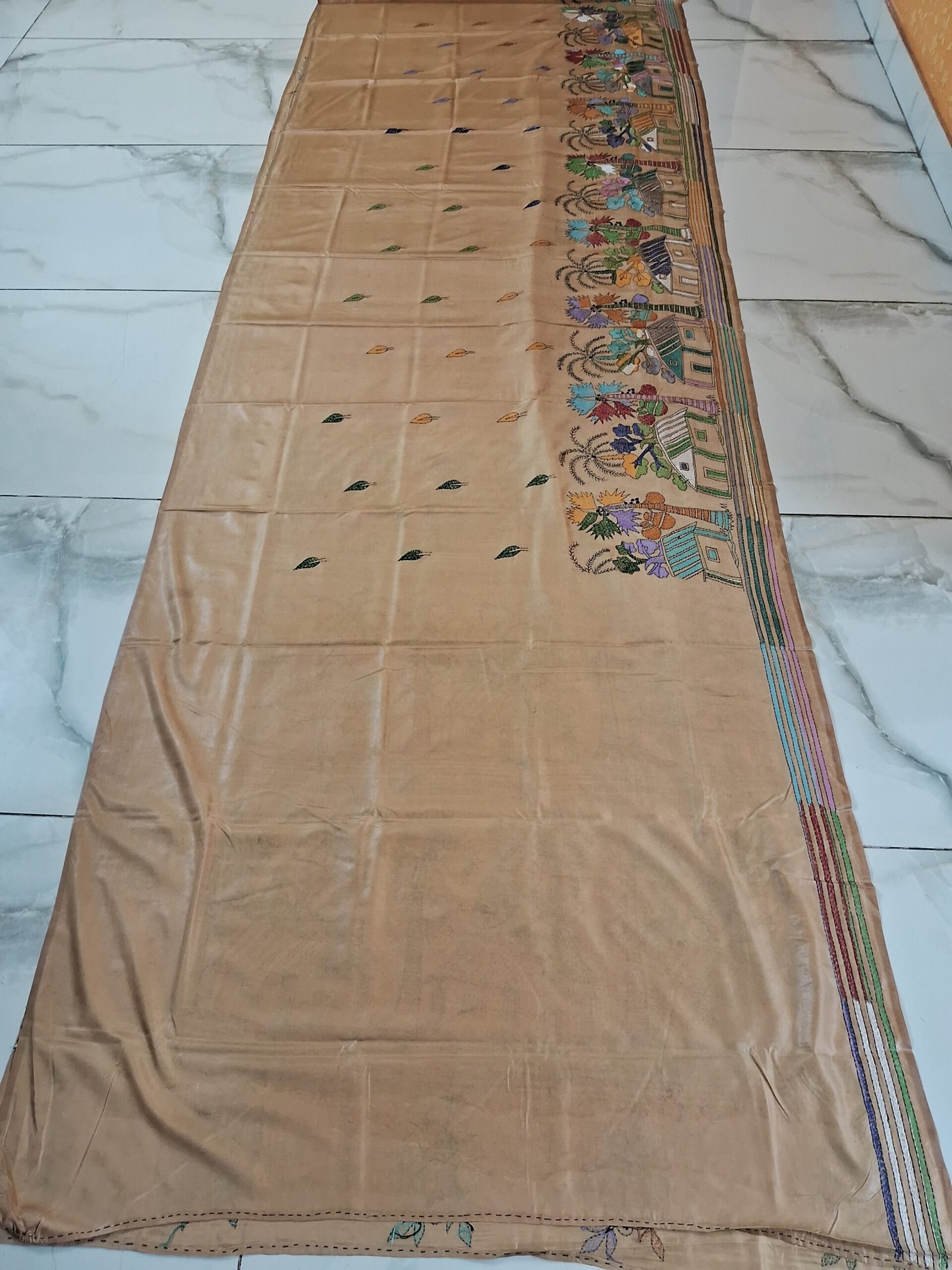 Beige Village Motif Kantha Stitch Saree on Blended Bangalore Silk % Multicolour village house and palm tree Kantha embroidery