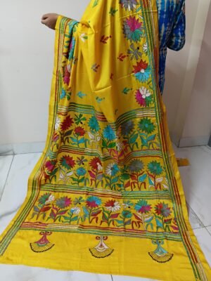 Mustard Yellow Floral Kantha Stitch Saree on Blended Bangalore Silk