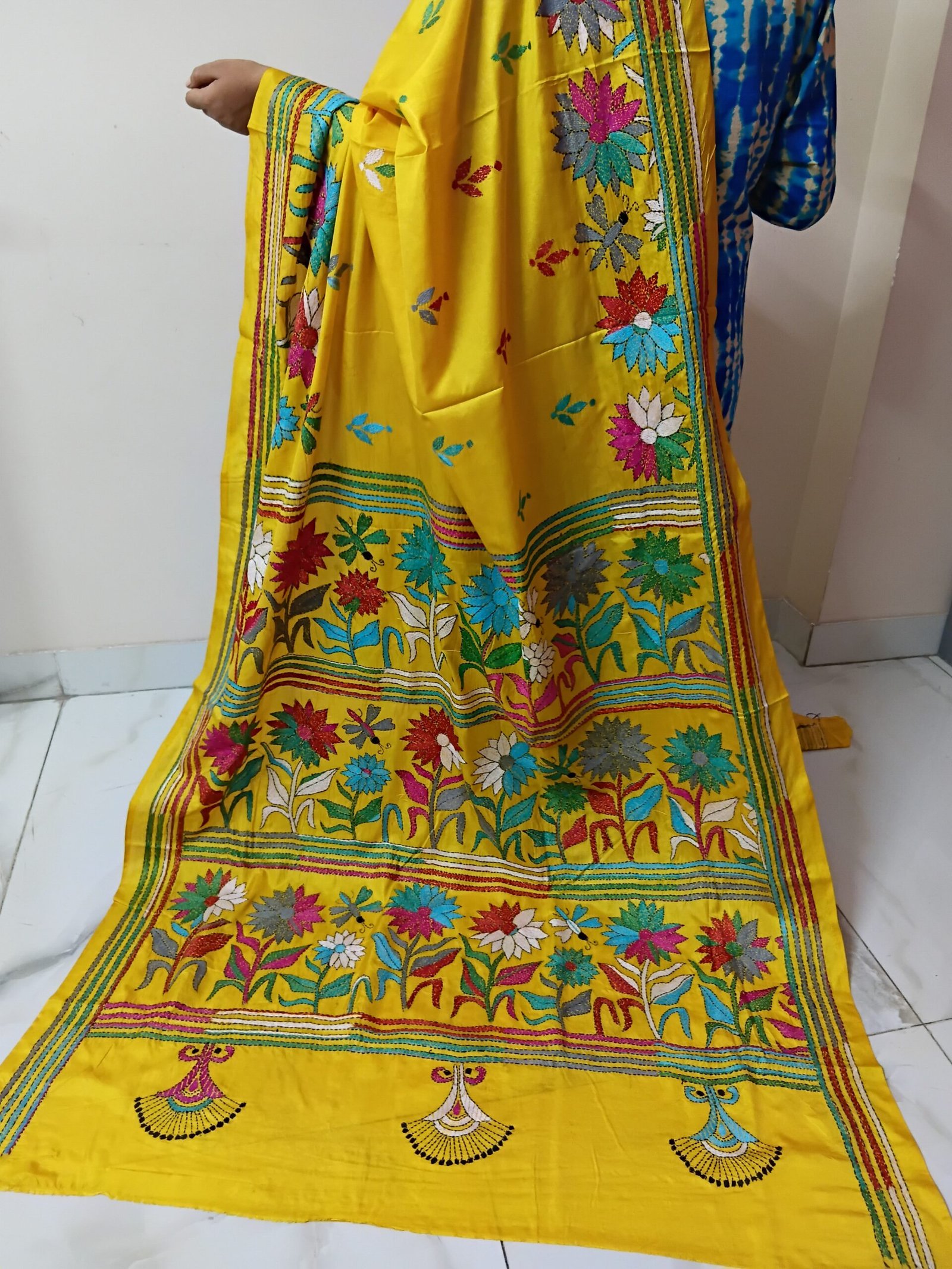 Mustard Yellow Floral Kantha Stitch Saree on Blended Bangalore Silk % mustard yellow floral kantha stitch saree