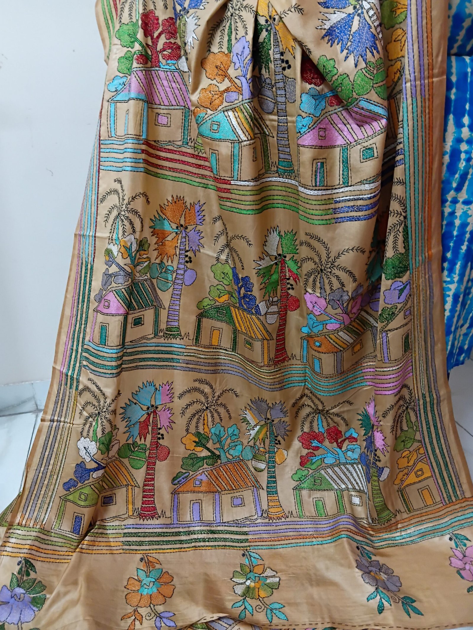 Beige Village Motif Kantha Stitch Saree on Blended Bangalore Silk % beige village motif kantha stitch saree