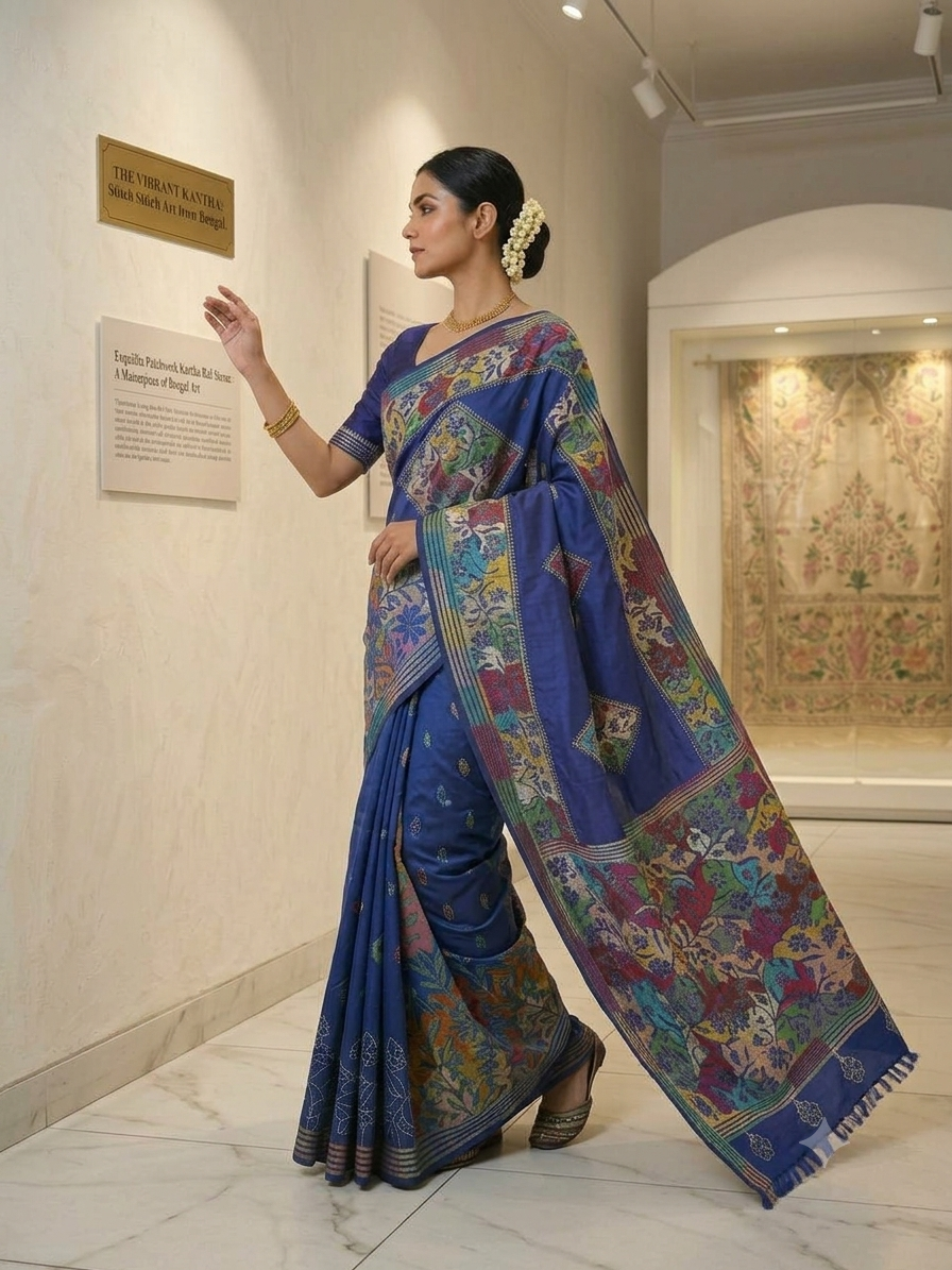 Purple Floral Motif Kantha Stitch Saree on Blended Bangalore Silk % Traditional Kantha stitching on purple saree