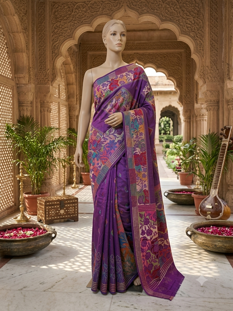 purple floral motif kantha stitch saree