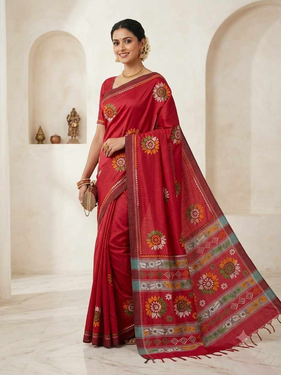 Red Cotton Kantha Stitch Saree % Red Cotton kantha stitch saree