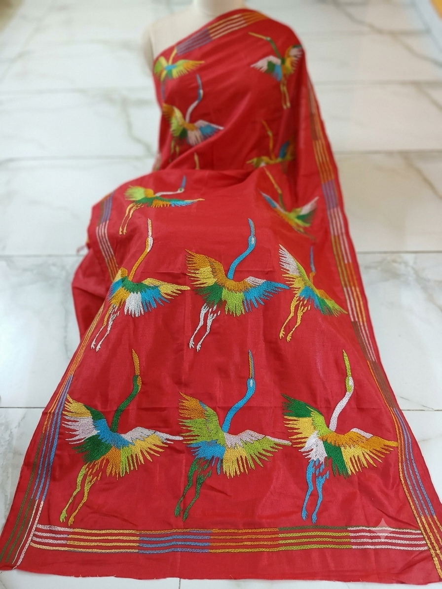 Red Bird Motif Kantha Stitch Saree on Blended Bangalore Silk % red bird motif kantha stitch saree