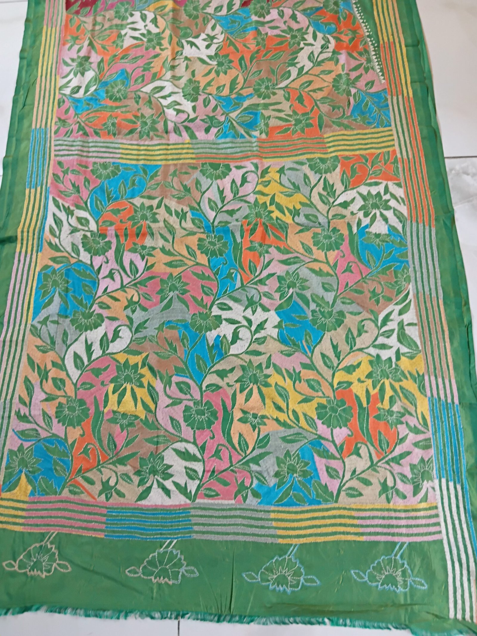 Light Green Floral Motif Kantha Stitch Saree on Blended Bangalore Silk % Light green blended Bangalore silk saree with floral design