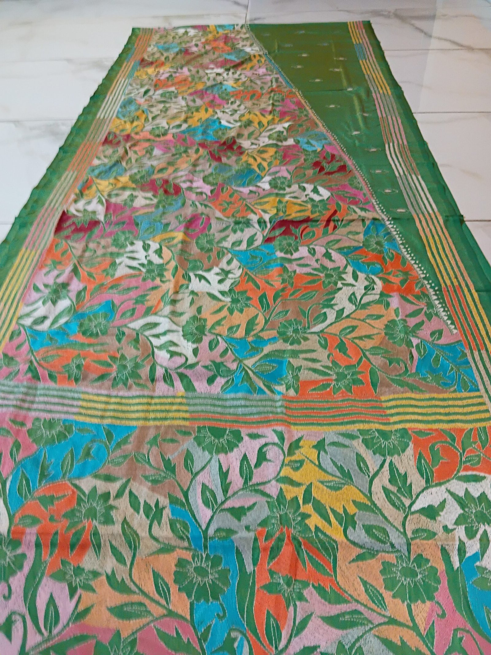 Light Green Floral Motif Kantha Stitch Saree on Blended Bangalore Silk % Floral embroidery on light green Kantha saree