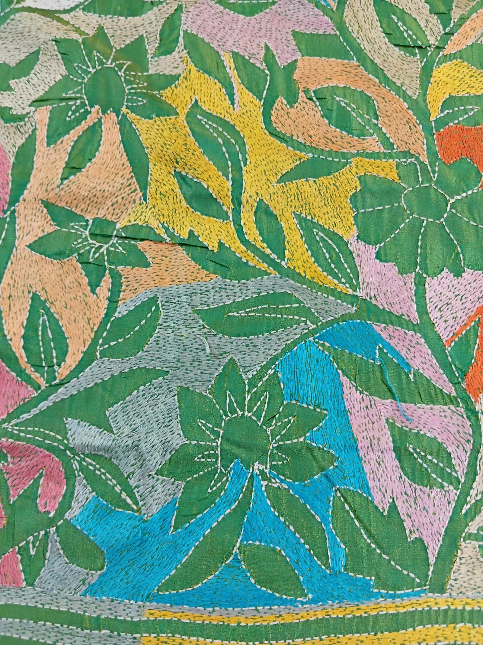 Light Green Floral Motif Kantha Stitch Saree on Blended Bangalore Silk % Light green Bengal Kantha saree with floral motifs