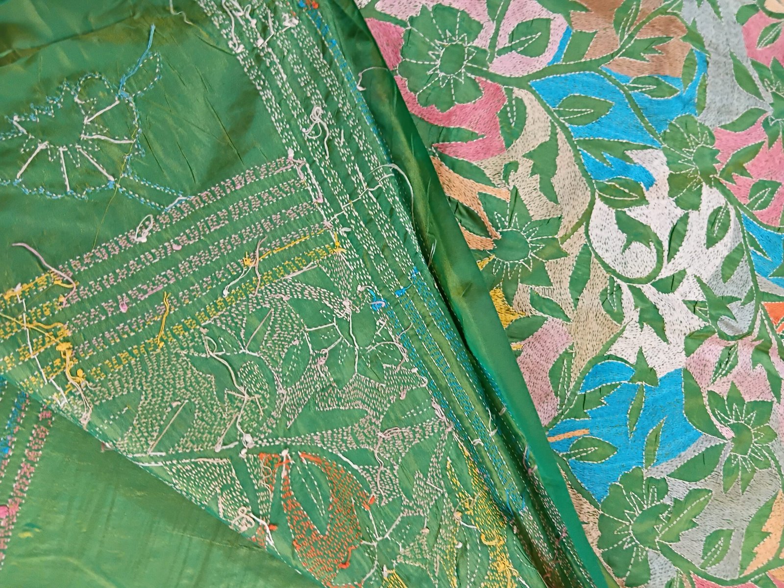 Light Green Floral Motif Kantha Stitch Saree on Blended Bangalore Silk % Light green floral motif Kantha stitch saree in blended Bangalore silk