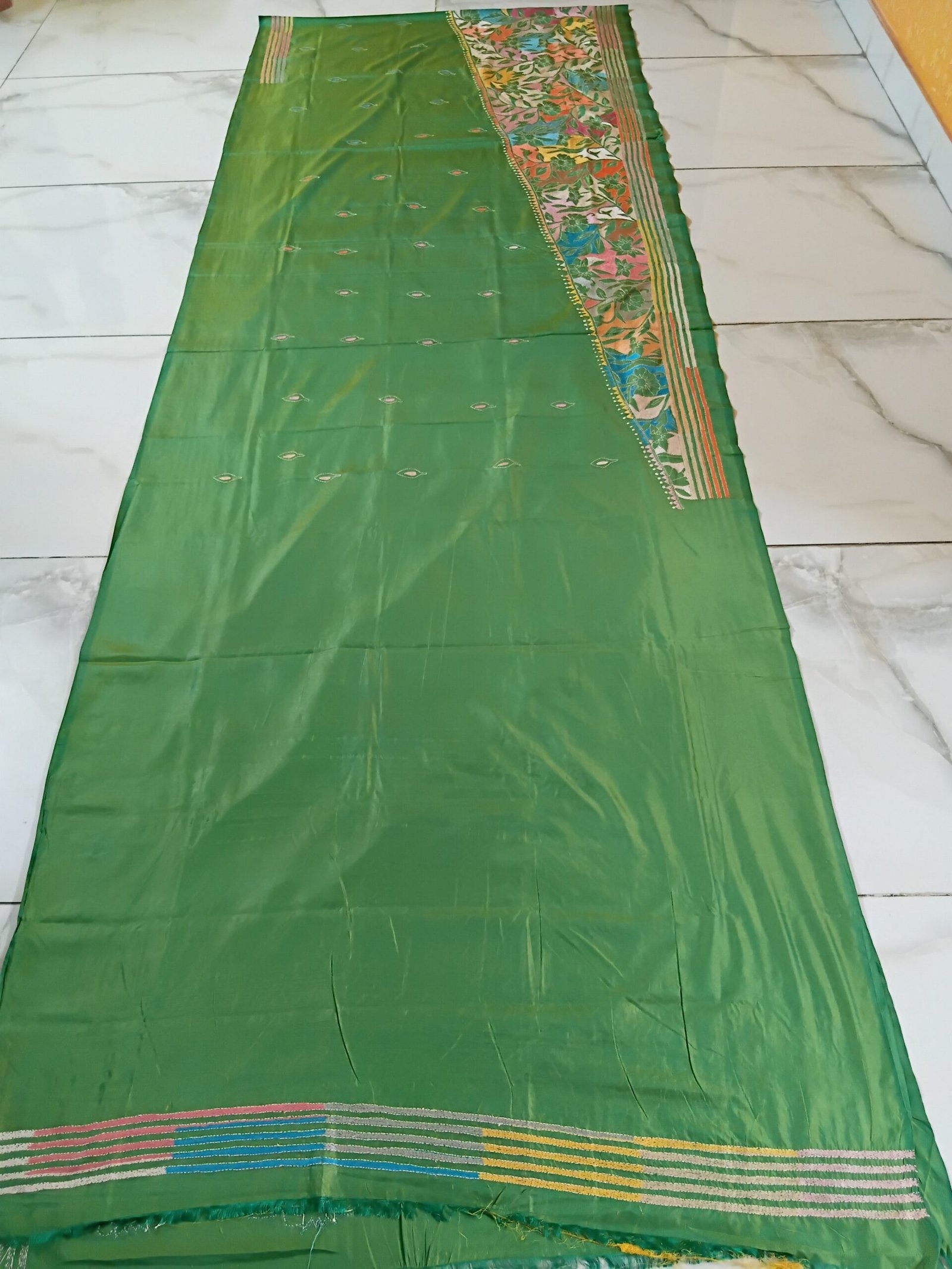 Light Green Floral Motif Kantha Stitch Saree on Blended Bangalore Silk % Hand embroidered floral motifs on green Bengal saree