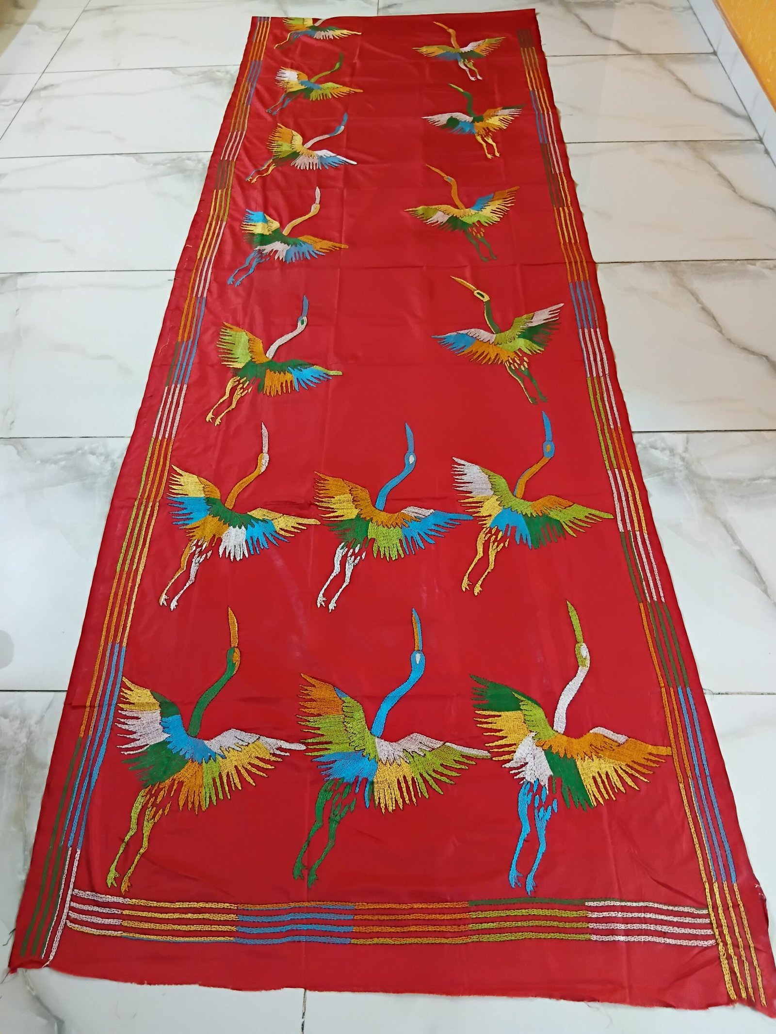 Red Bird Motif Kantha Stitch Saree on Blended Bangalore Silk % Bird motif embroidery on red Kantha saree