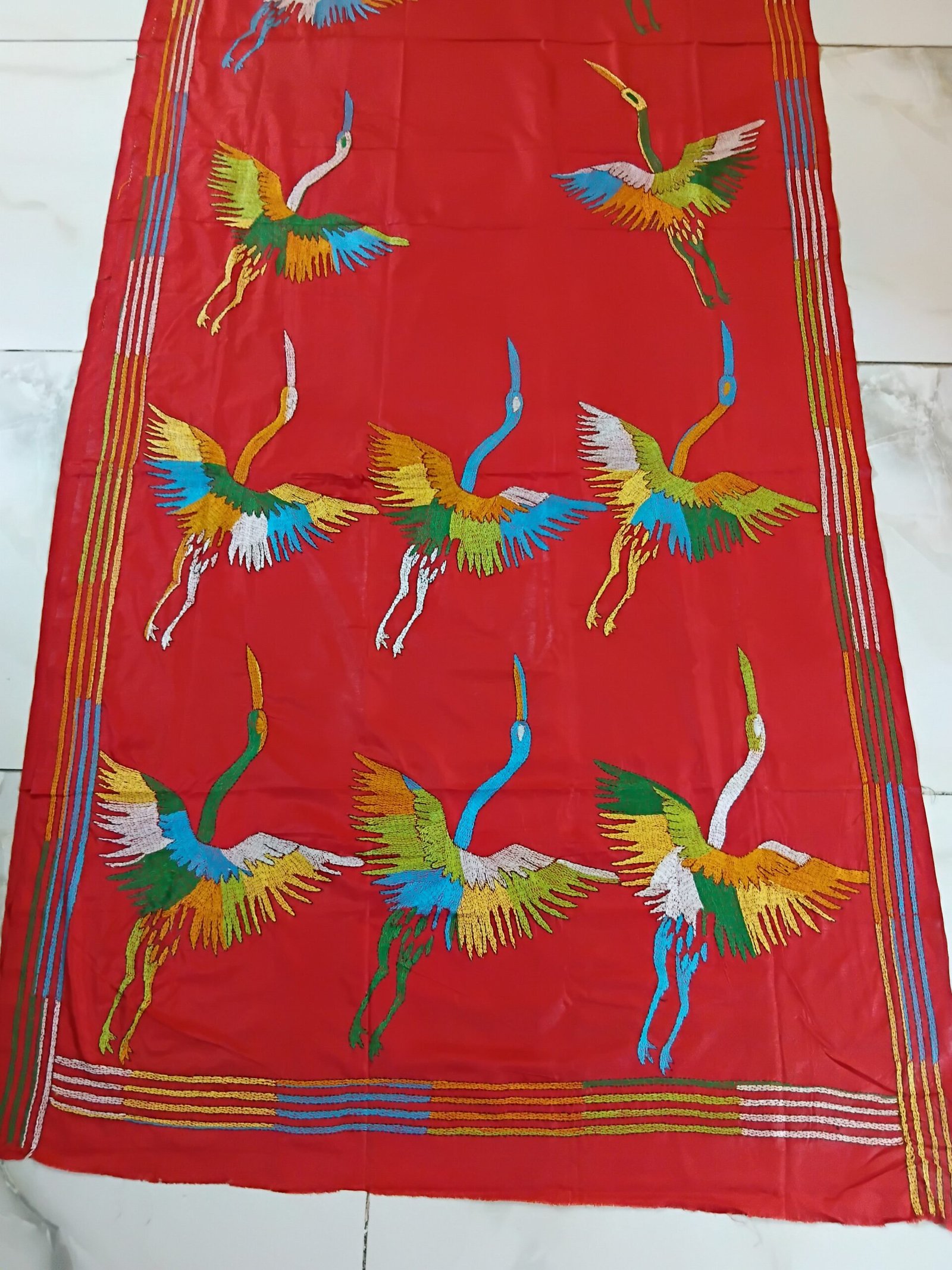 Red Bird Motif Kantha Stitch Saree on Blended Bangalore Silk % Red blended Bangalore silk saree with traditional Kantha stitching