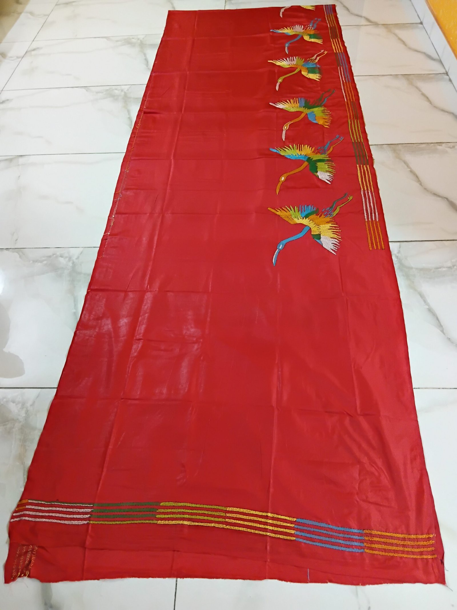Red Bird Motif Kantha Stitch Saree on Blended Bangalore Silk % Red bird motif Kantha stitch saree on blended Bangalore silk