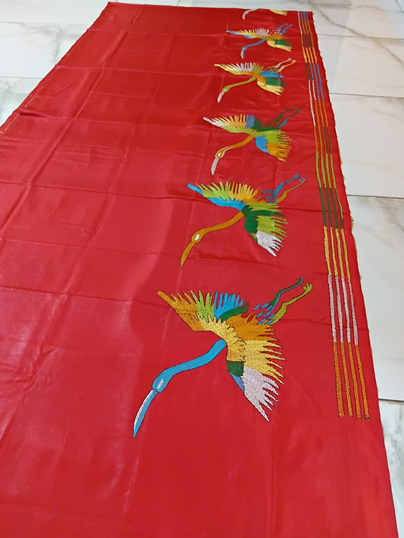 Red Bird Motif Kantha Stitch Saree on Blended Bangalore Silk % Red Bengal Kantha saree with bird embroidery