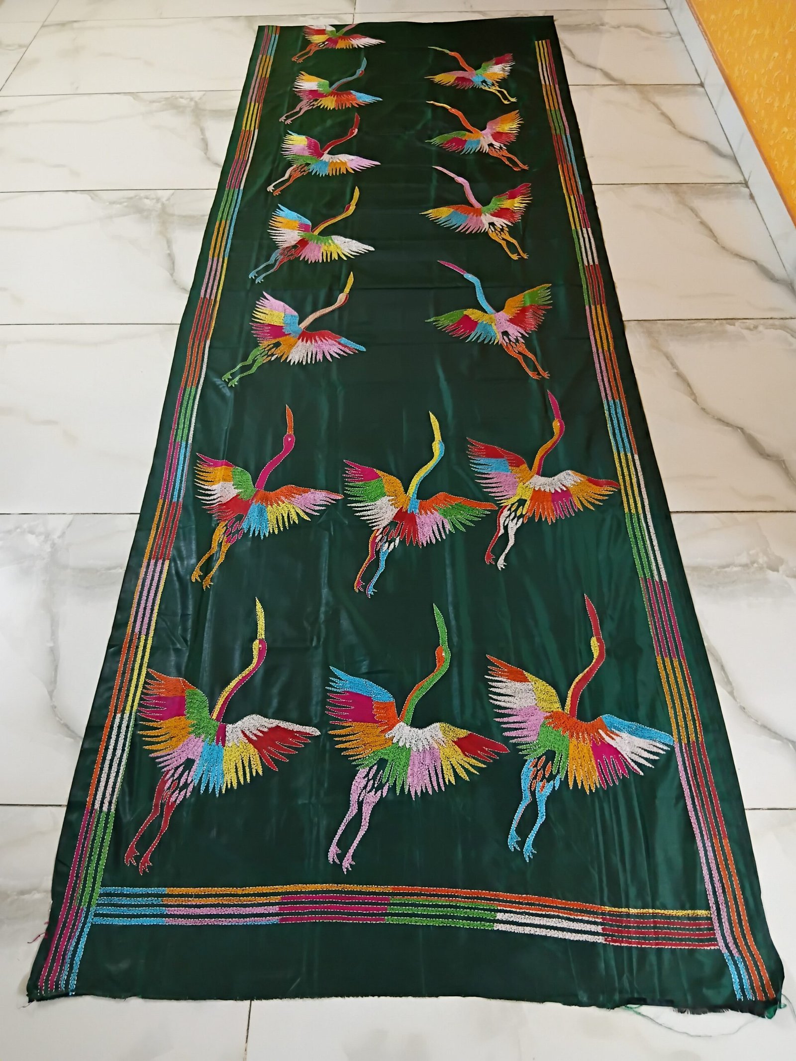 Green Bird Motif Kantha Stitch Saree on Blended Bangalore Silk % Green Bengal Kantha saree featuring decorative bird motifs