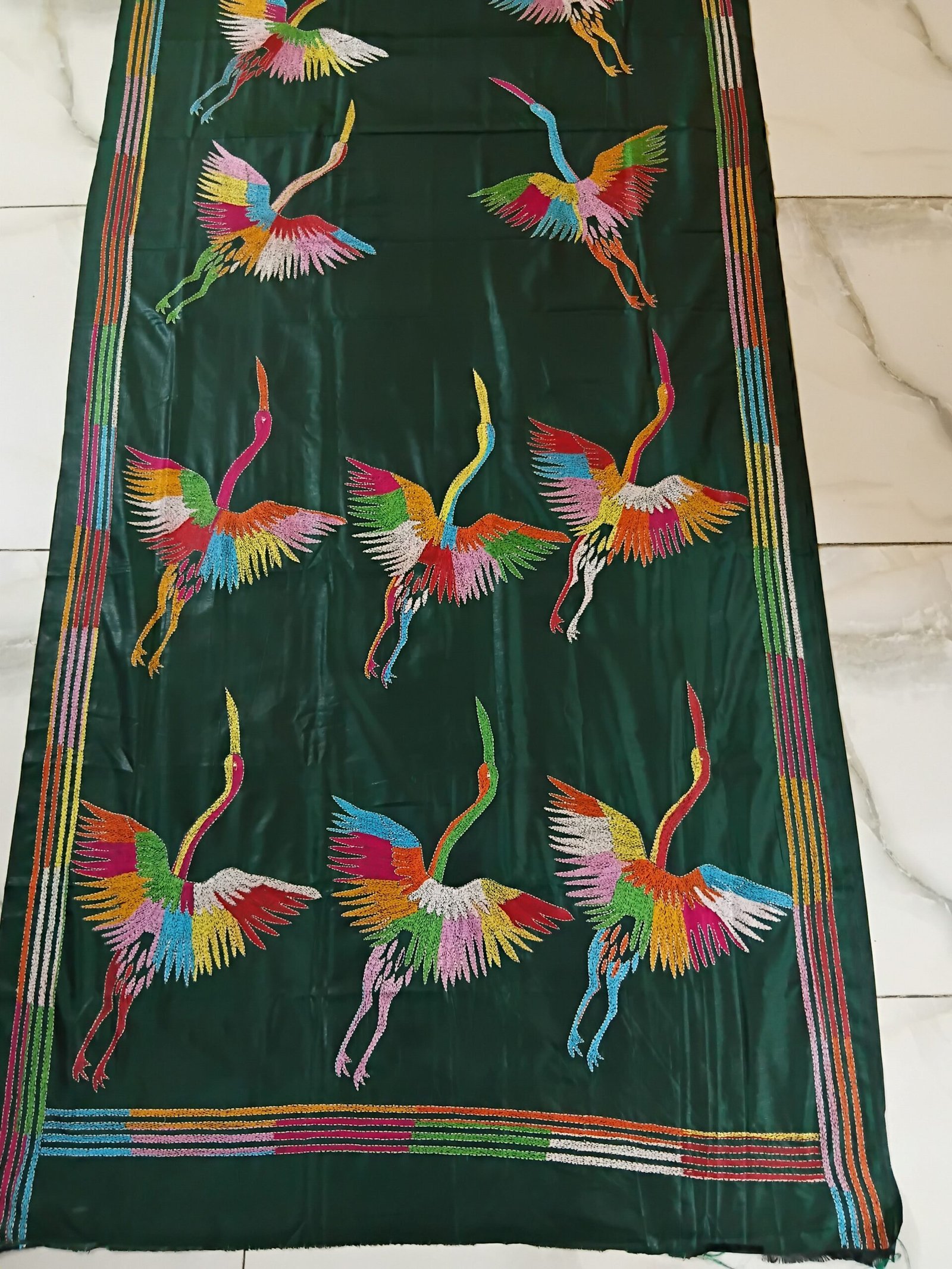 Green Bird Motif Kantha Stitch Saree on Blended Bangalore Silk % Green bird motif Kantha stitch saree in blended Bangalore silk