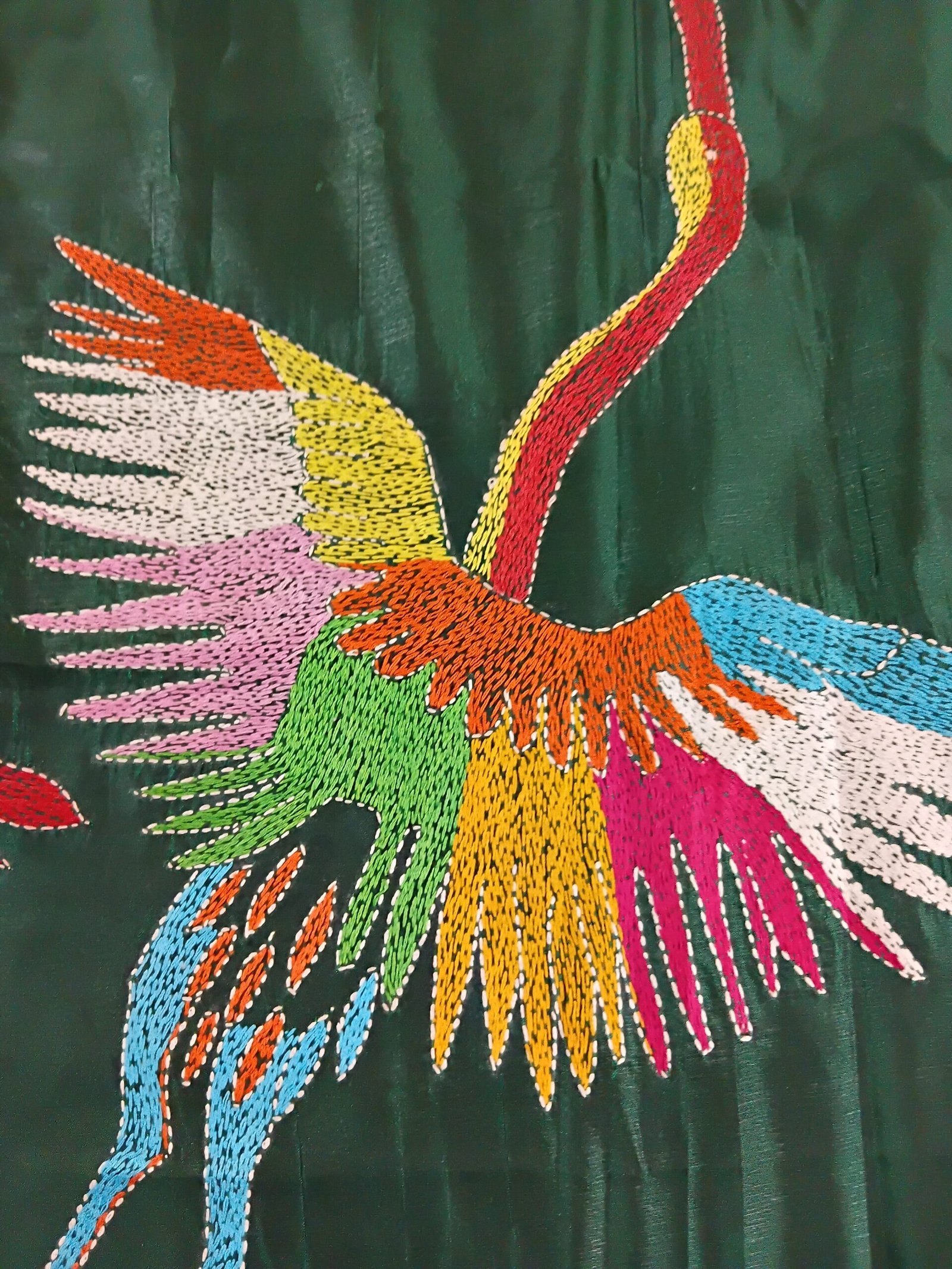 Green Bird Motif Kantha Stitch Saree on Blended Bangalore Silk % Green Kantha stitch sari with folk-inspired bird patterns