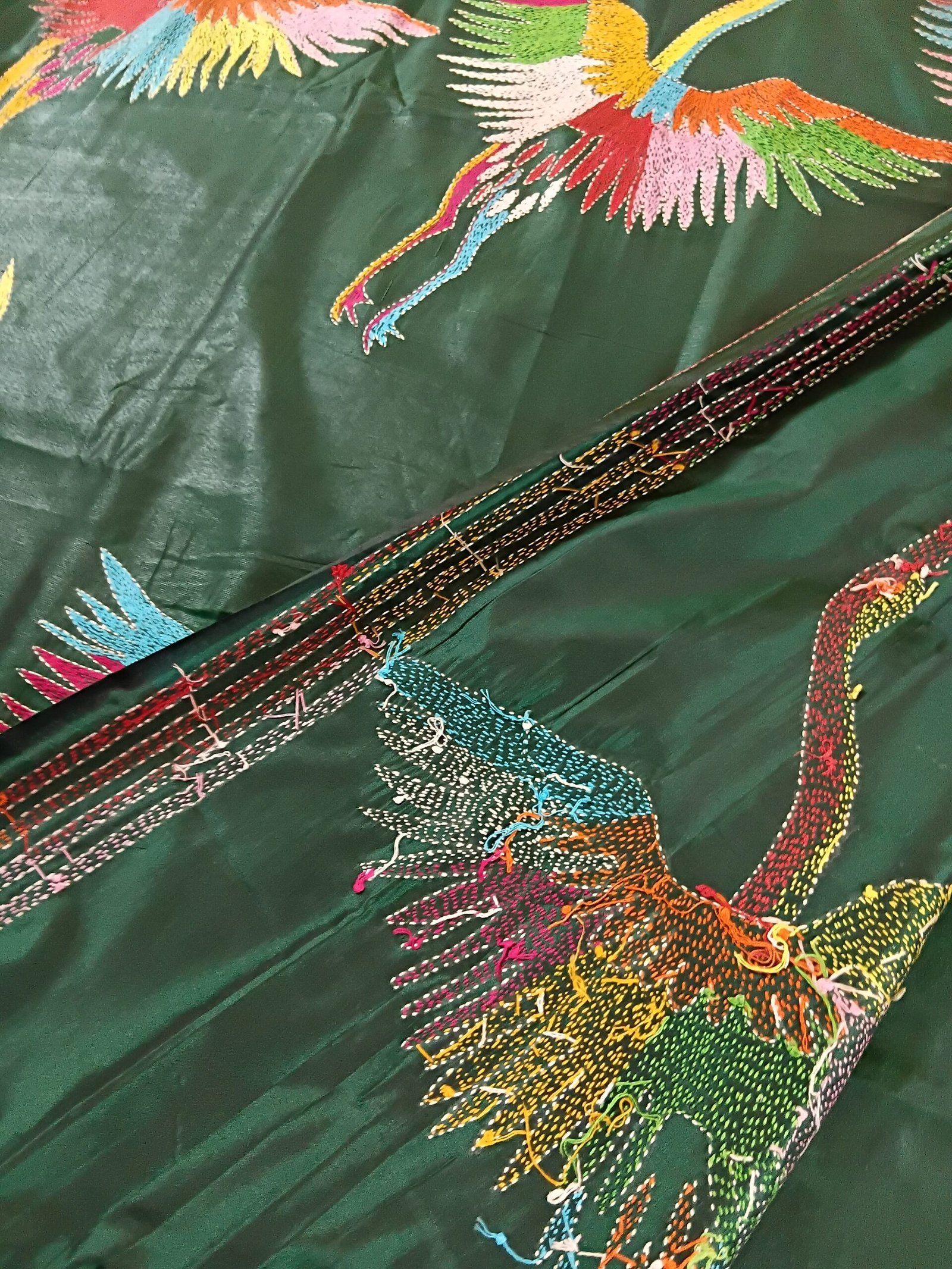 Green Bird Motif Kantha Stitch Saree on Blended Bangalore Silk % Detailed bird design on green embroidered Kantha saree