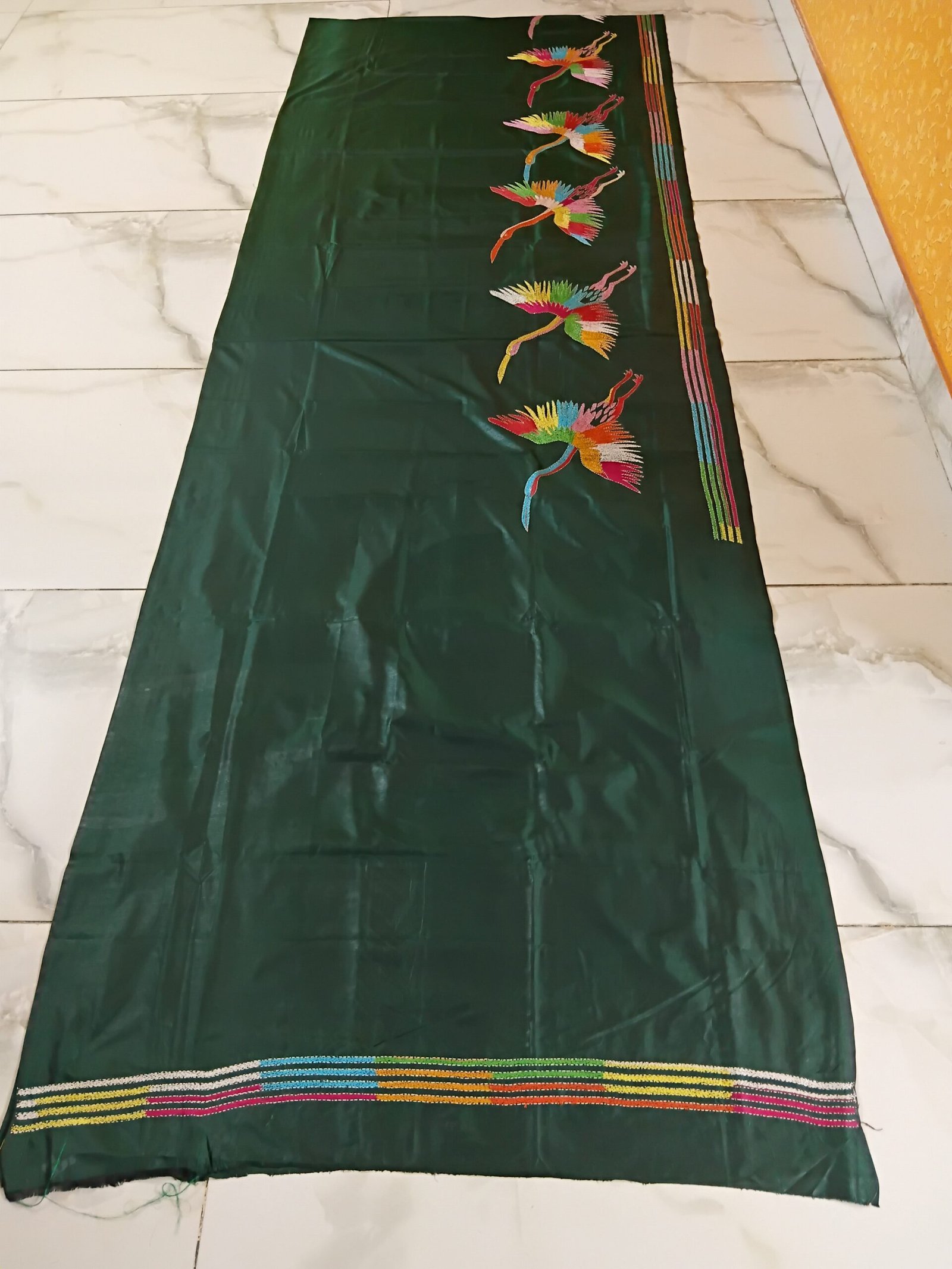 Green Bird Motif Kantha Stitch Saree on Blended Bangalore Silk % Green silk-blend saree with traditional bird motif stitching