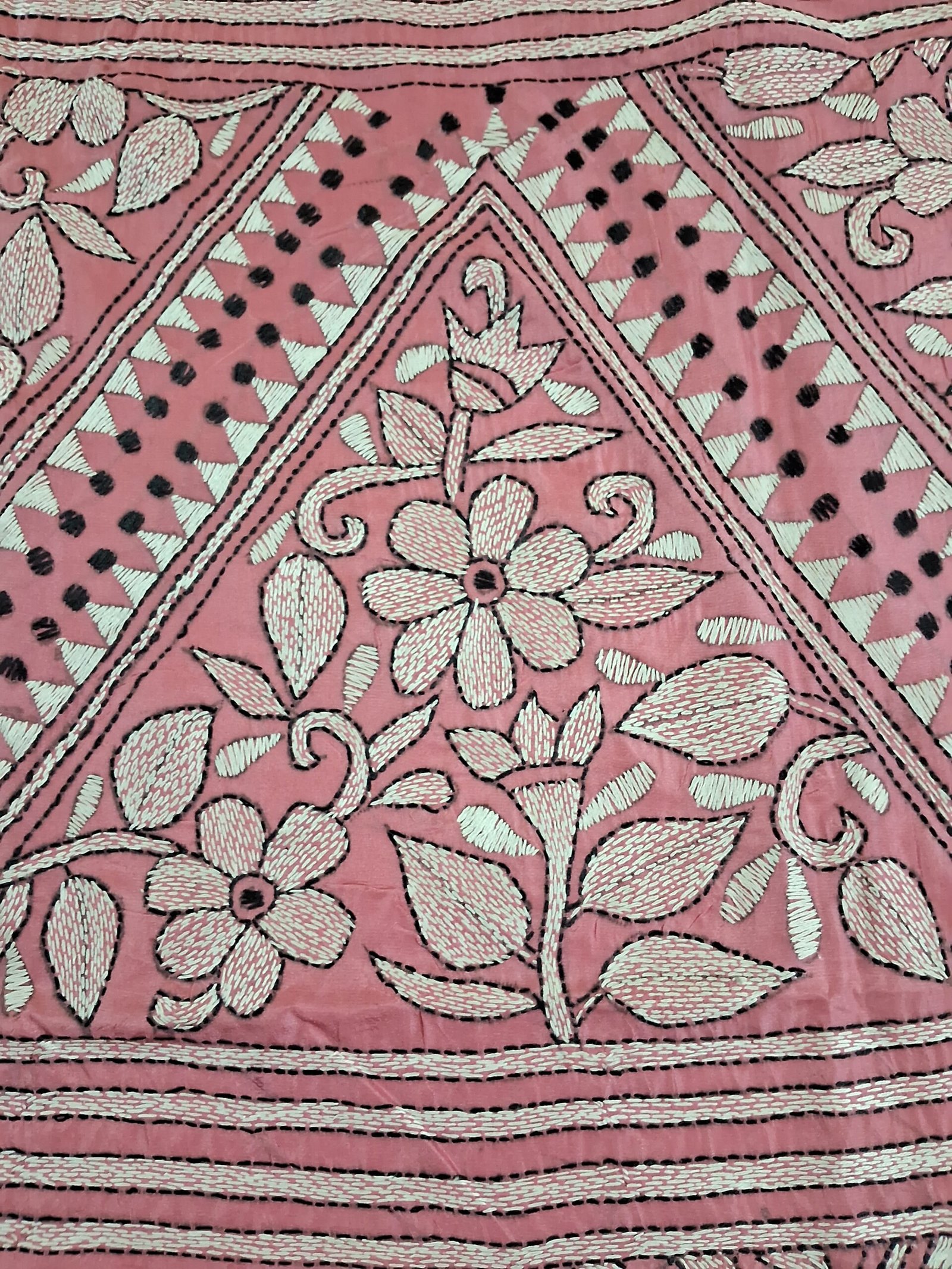 Pink Floral Kantha Stitch Saree on Blended Bangalore Silk % Hand embroidered floral design on pink Bengal Kantha saree