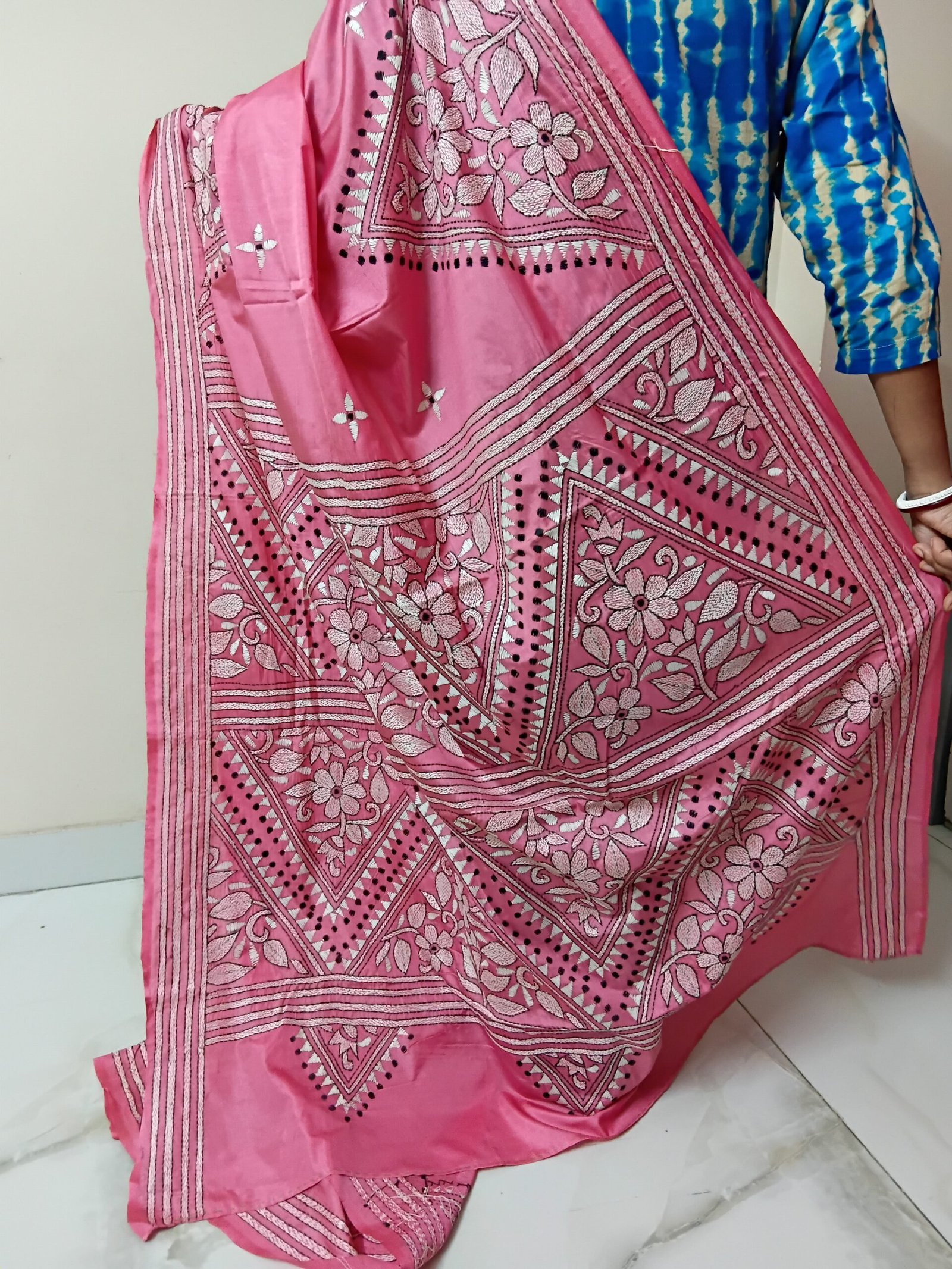 pink floral kantha stitch saree with white and black embroidery