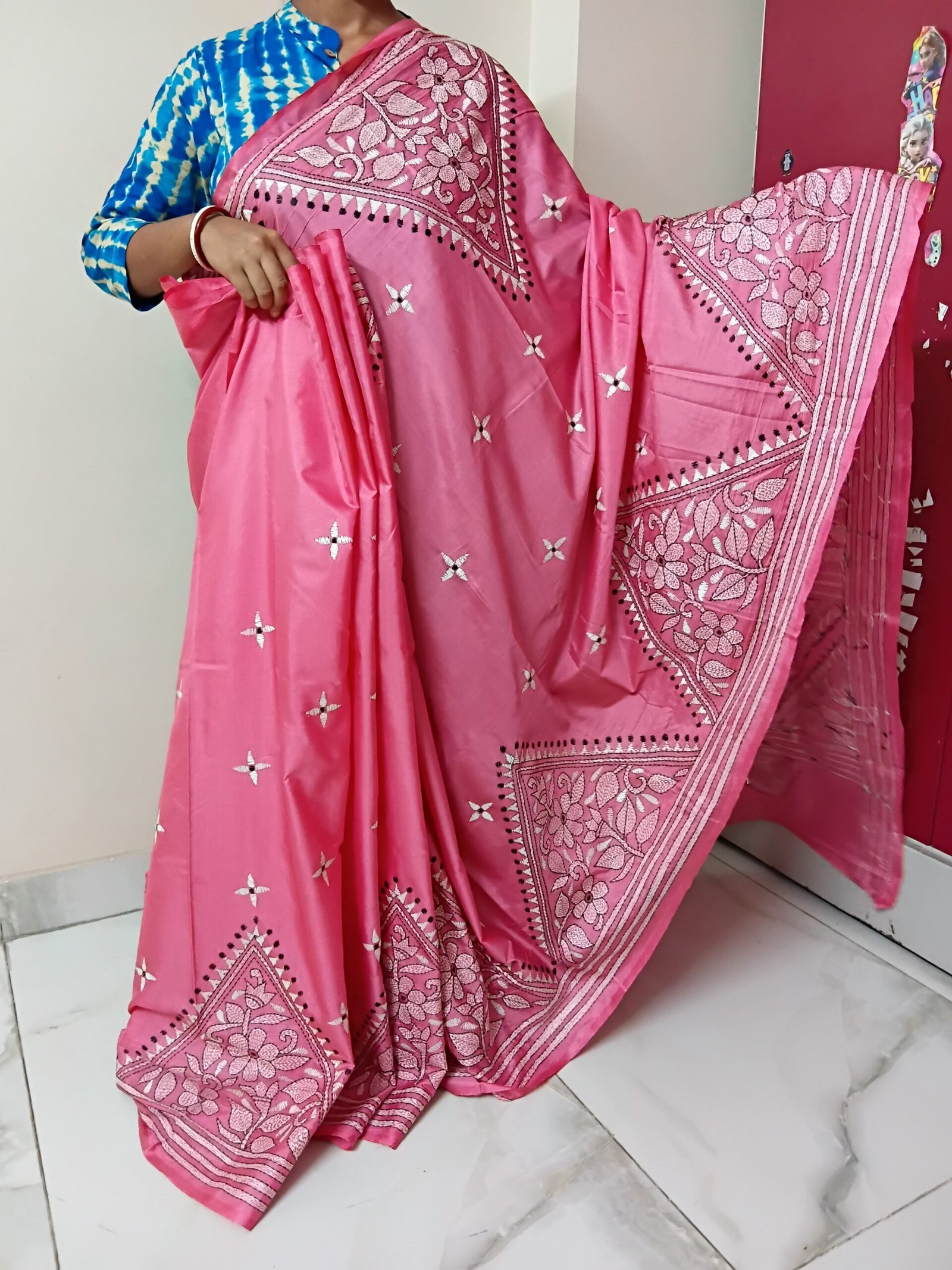 Pink Floral Kantha Stitch Saree on Blended Bangalore Silk % Pink Bengal Kantha saree with black and white floral threadwork