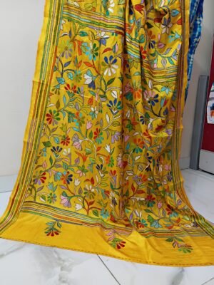 Yellow Multicolour Kantha Stitch Saree on Blended Bangalore Silk