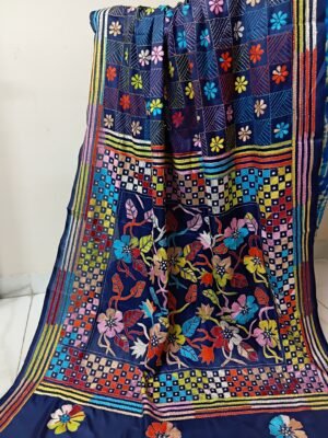 Navy Blue Multicolour Kantha Stitch Saree on Blended Bangalore Silk