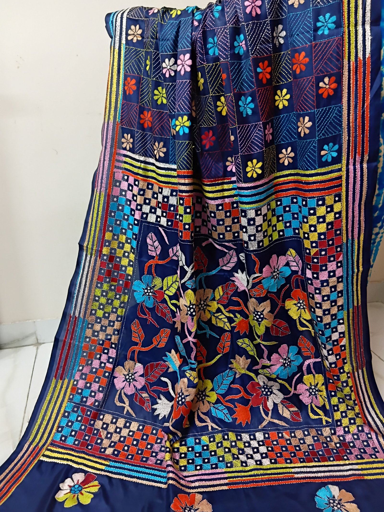 Navy blue multicolour Kantha stitch saree on blended Bangalore silk