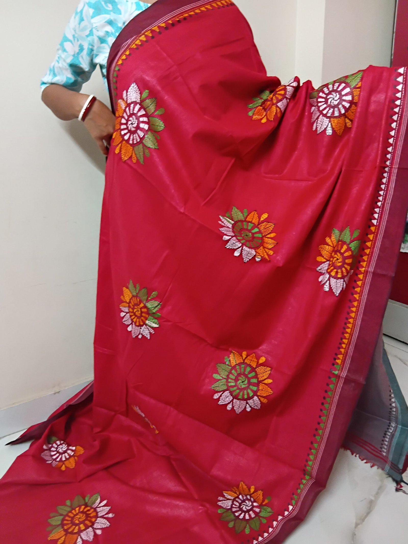 Red Cotton Kantha Stitch Saree % Red cotton Kantha stitch saree with traditional floral motifs