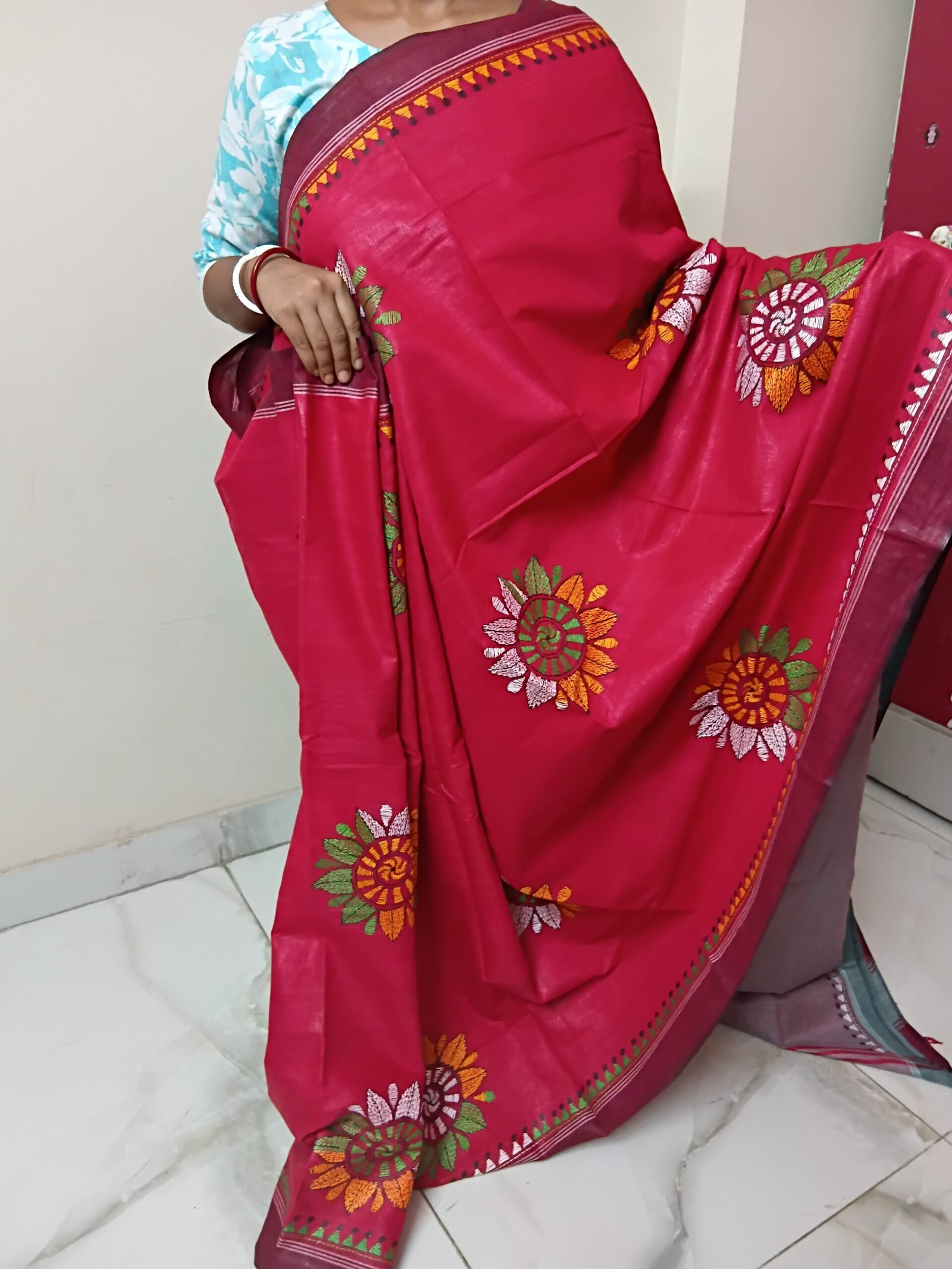 Red Cotton Kantha Stitch Saree % Red cotton saree featuring intricate Kantha embroidery designs