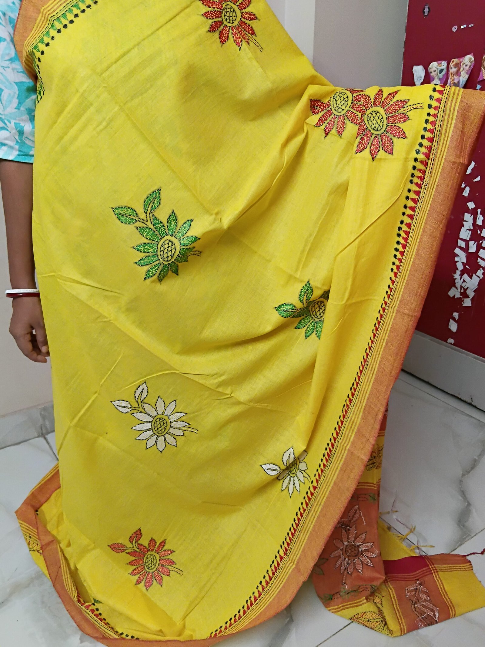 Yellow Cotton Kantha Stitch Saree % Yellow ethnic cotton saree decorated with Bengali Kantha stitching