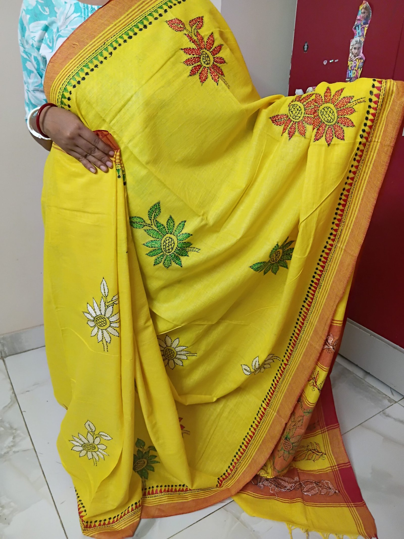 Yellow Cotton Kantha Stitch Saree % Yellow cotton Kantha stitch saree with traditional floral motifs