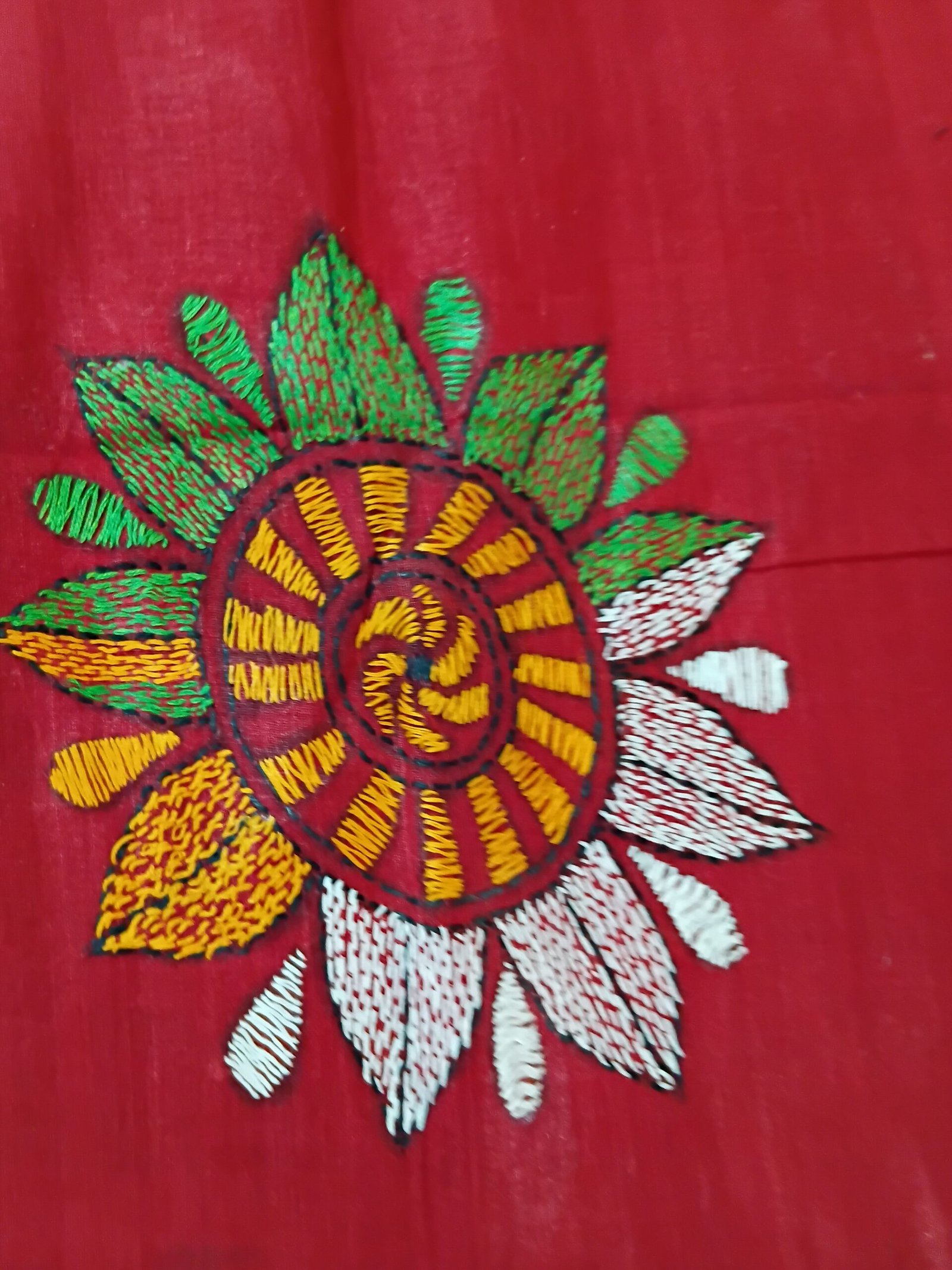 Red Cotton Kantha Stitch Saree % Elegant red cotton Kantha sari for traditional occasions