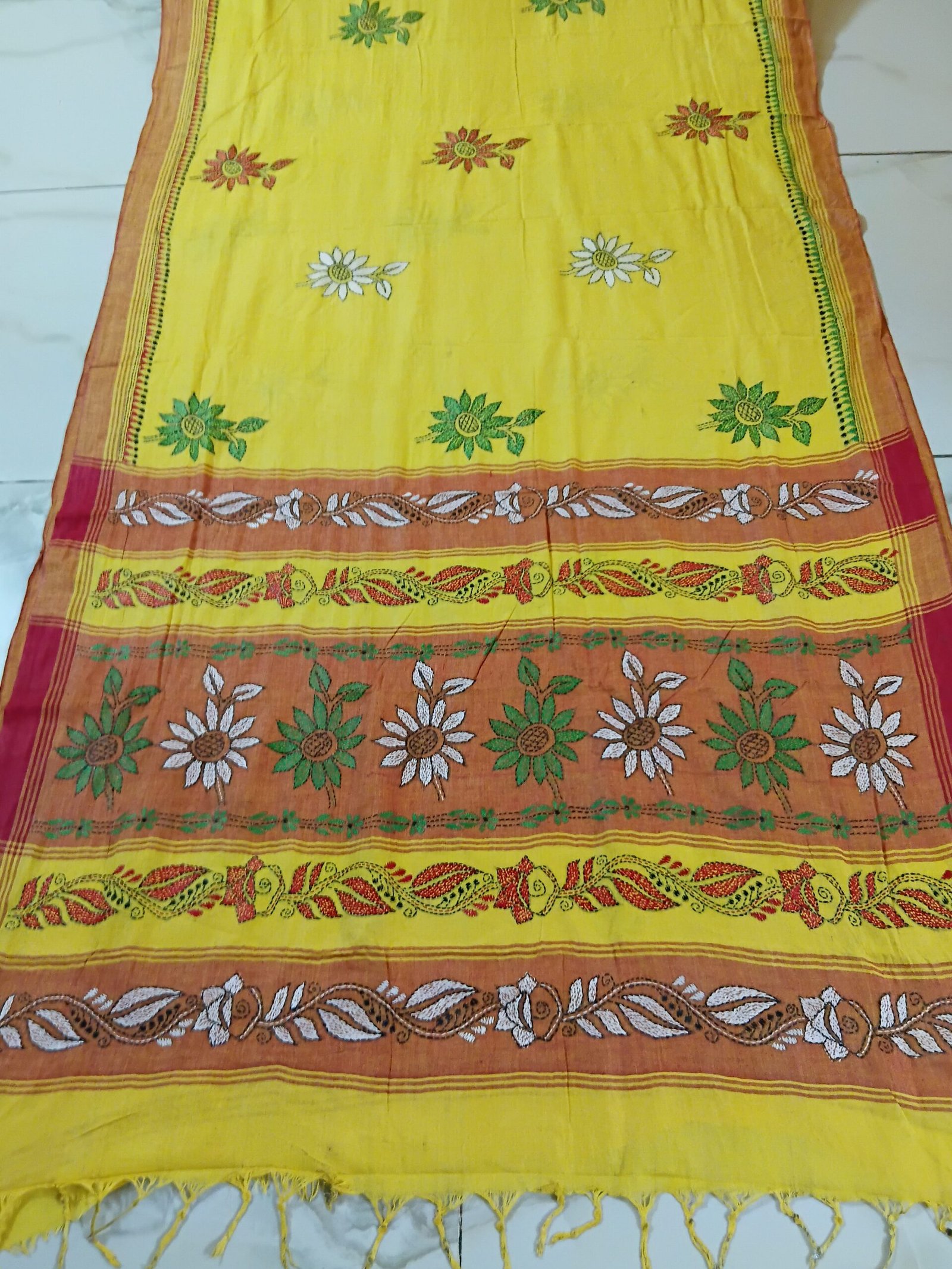 Yellow Cotton Kantha Stitch Saree % Traditional yellow Kantha stitch sari made from cotton