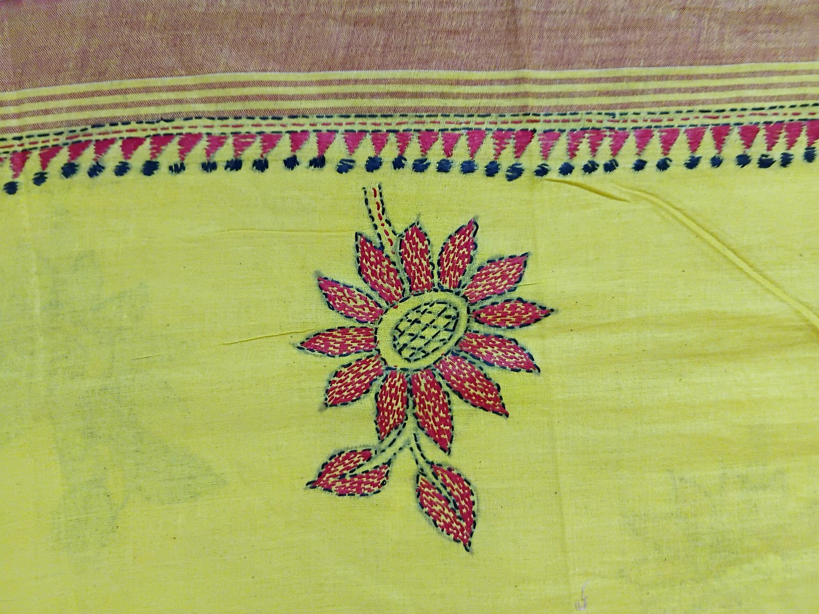 Yellow Cotton Kantha Stitch Saree % Handmade yellow cotton saree with beautiful Bengali Kantha motifs