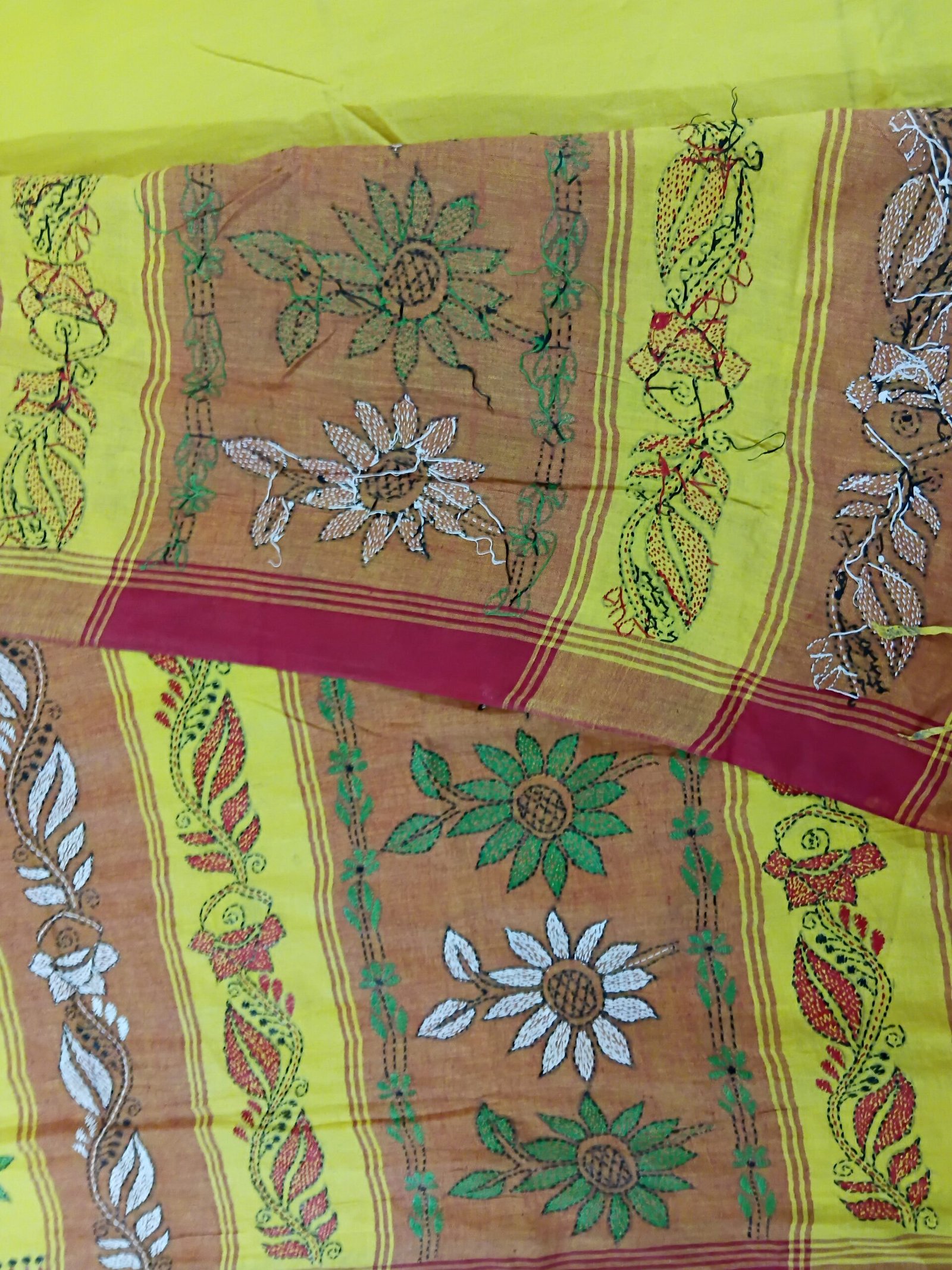 Yellow Cotton Kantha Stitch Saree % Yellow Bengal cotton saree with intricate Kantha designs