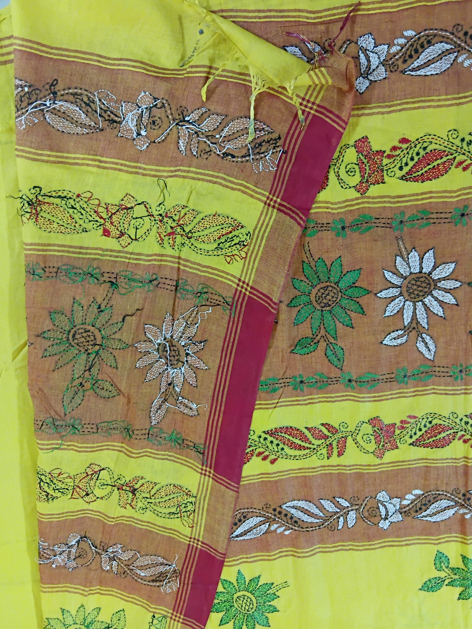 Yellow Cotton Kantha Stitch Saree % Elegant yellow cotton Kantha sari for festive and ethnic wear