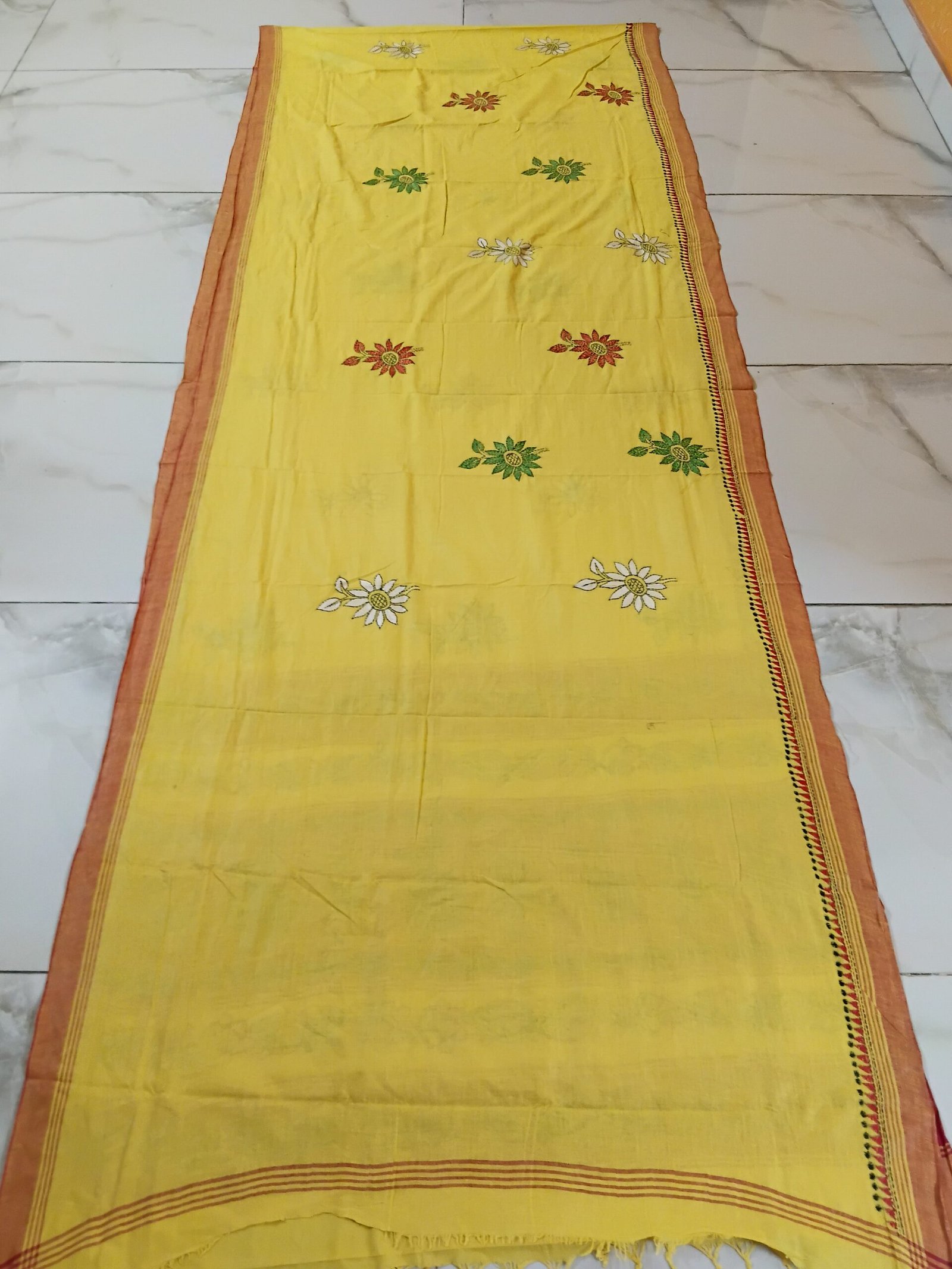 Yellow Cotton Kantha Stitch Saree % Yellow Indian cotton saree with traditional handcrafted Kantha patterns