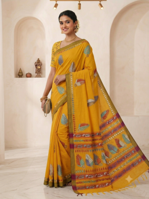 Orange Cotton Kantha Stitch Saree