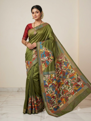 Green Batik Multicolour Kantha Stitch Saree on Blended Bangalore Silk