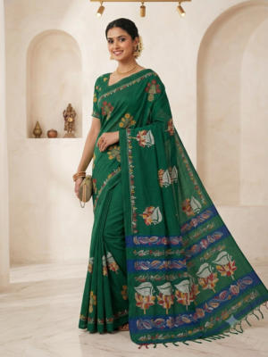 Green Cotton Kantha Stitch Saree