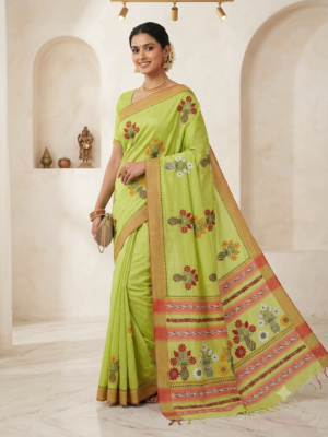 Pesta Green Cotton Kantha Stitch Saree
