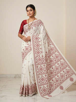 Off-White Gujarati Stitch Blended Bangalore Silk Saree