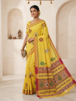 Yellow Cotton Kantha Stitch Saree